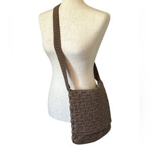 The Sak Brown Tan Crochet Crossbody Fold Over Purse Bag Checked Pattern 90s Y2K